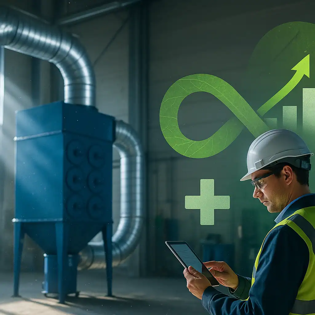 Ingeniero supervisando colector de polvo industrial con enfoque en sostenibilidad y eficiencia