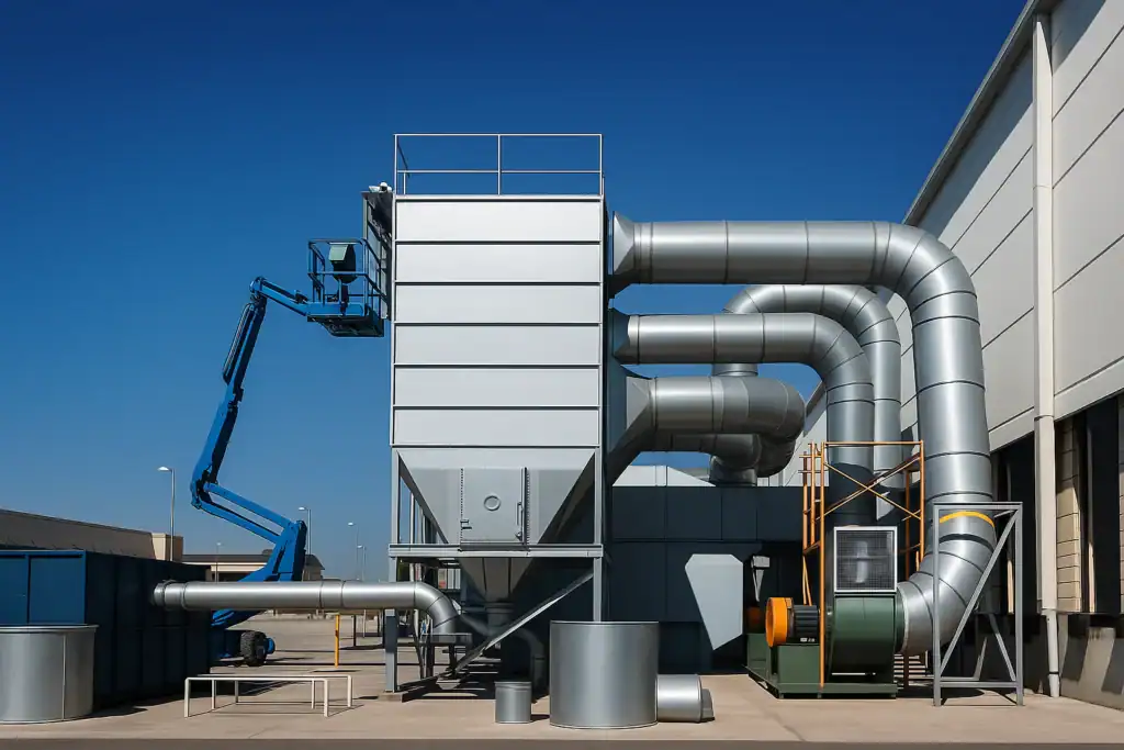 Colector de polvos industrial con sistema de ductos y ventilador instalado en planta