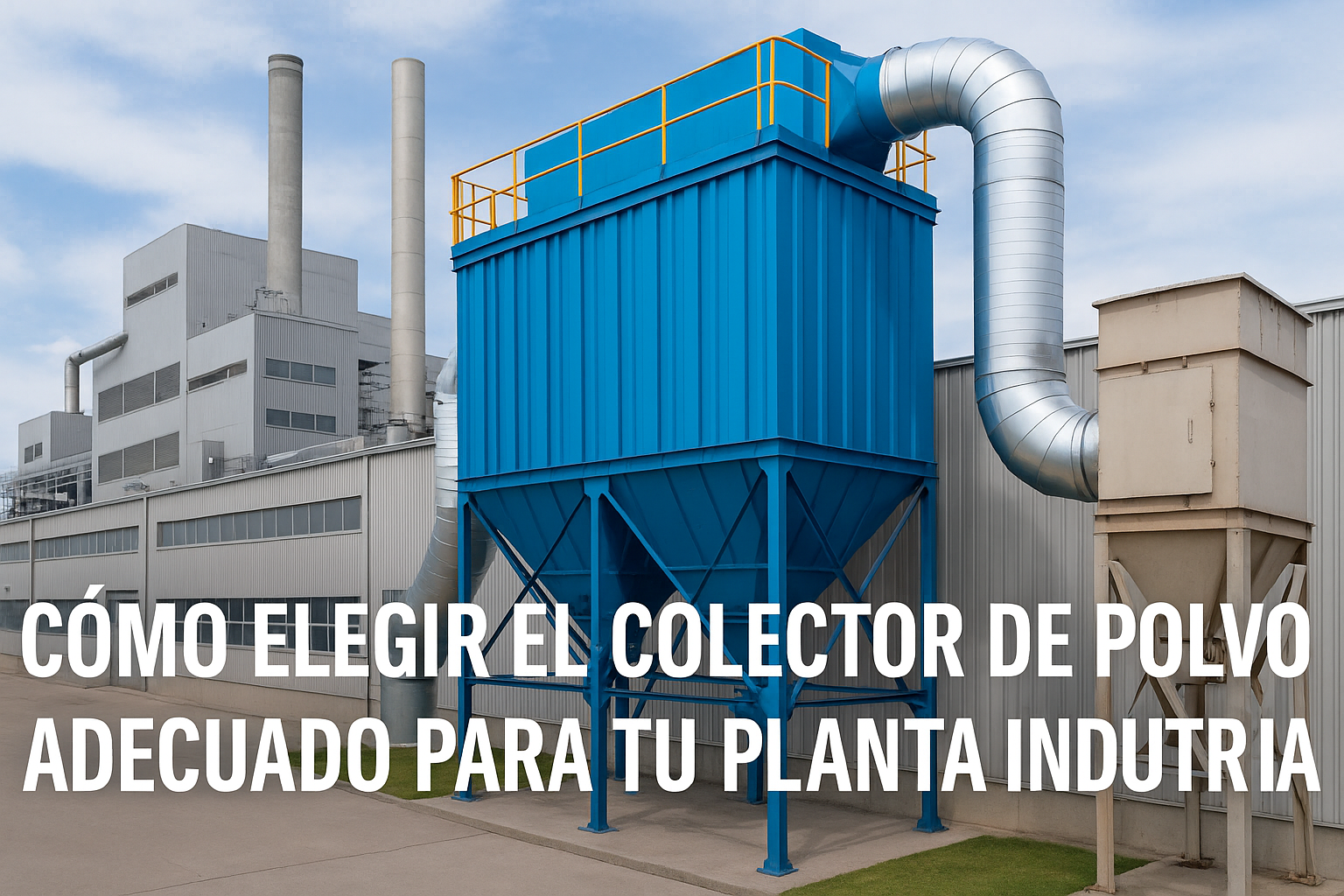 Planta industrial moderna con colector de polvo azul de alta eficiencia instalado en el exterior, mostrando sistemas de ventilación y filtración avanzada.”