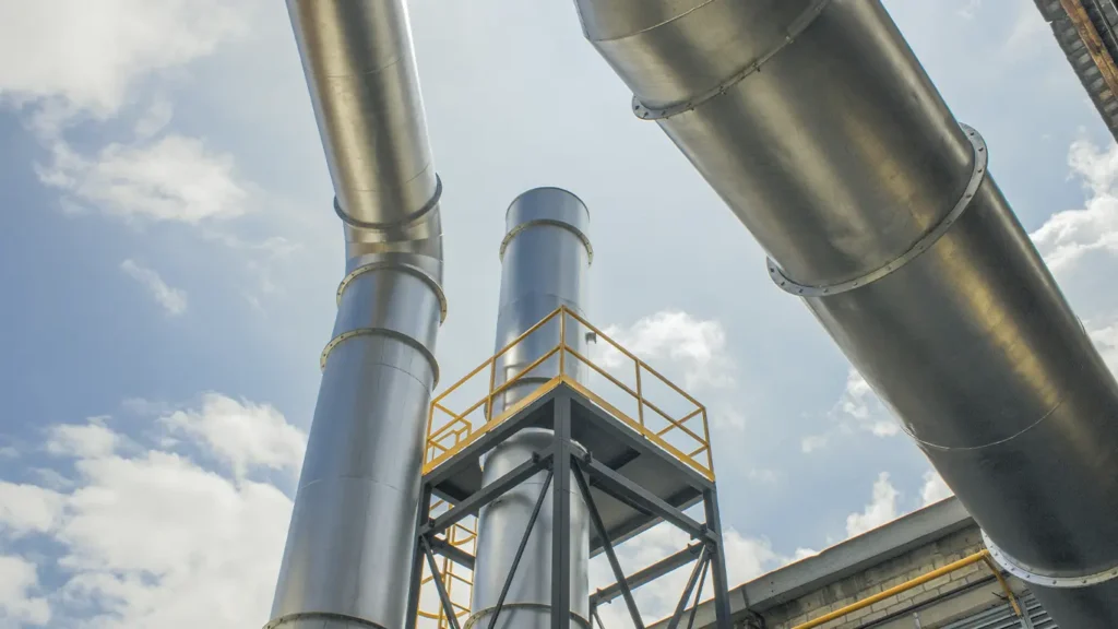 Sistema de ventilación industrial con ductos y chimenea metálica vistos desde abajo